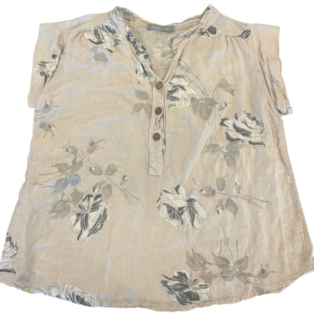 Made in Italy Floral Linen Henley Blouse Beige Silver Metallic Rose Print Top
